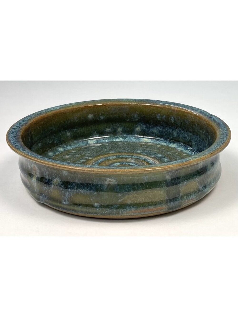 6.5" Blue/Brown STUDIO ART Flat Bottom Spiral BOWL Dish Rim Signed 2006 EUC
